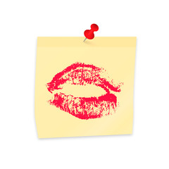 Lipstick kiss on yellow sticky note attached with pin. Realistic sticker and pushpin isolated on white. Red lipstick print. Sexy lips vector illustration. Easy to edit template for your artworks.