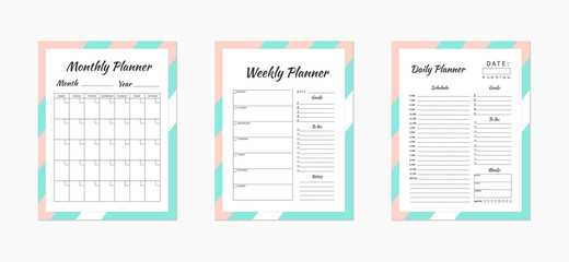 Daily,  weekly and monthly planner templates. Blank white, pink and mint,  green planner pages isolated on white. Business organizer page. Time-management concept. Stationery vector illustration.