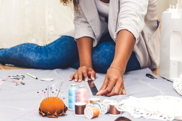 African american black woman fashion designer working at workshop studio
