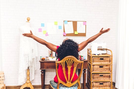 African American Black Woman Fashion Designer Working At Workshop Studio