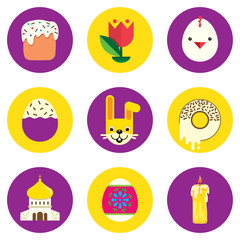 Set of easter icons. Round shape, colored in flat style with Easter symbols. Vector.