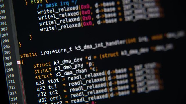 The program code scrolls on the computer screen