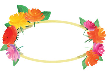 watercolor  flower frame with orange and red wild flower and green leaves. hand drawing illustration, for design and decor