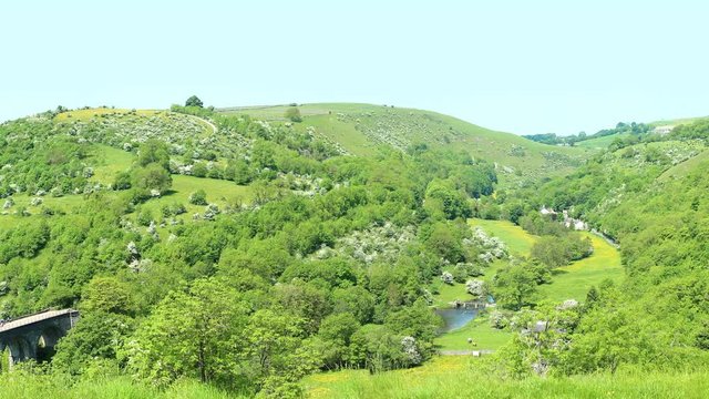 Monsal Dale - a scenic valley in Peak District, England with the Headstone Viaduct. 