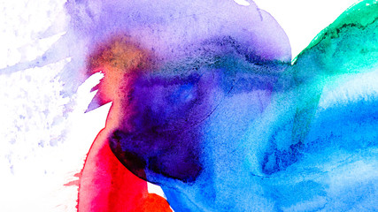 Abstract watercolor hand painting background. Gradient color transitions. Blue, green, purple and red colors.
