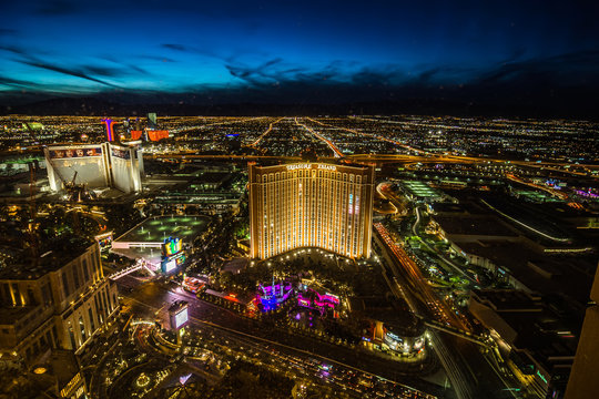 Las Vegas Skyline At Sunset - The Strip - Aerial View Of Las Vegas Boulevard Nevada