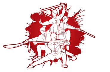 Fototapeta na wymiar Group of People Kung Fu fighter, Martial arts with weapons action cartoon graphic vector.