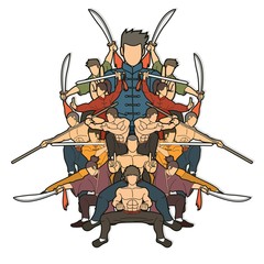 Group of People Kung Fu fighter, Martial arts with weapons action cartoon graphic vector.