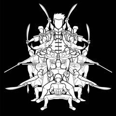 Group of People Kung Fu fighter, Martial arts with weapons action cartoon graphic vector.
