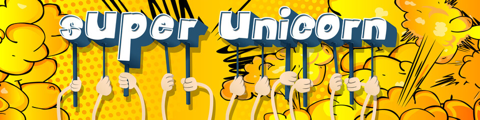 Diverse hands holding letters of the alphabet created the words Super Unicorn. Vector illustration.
