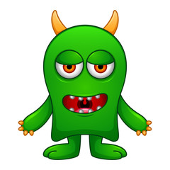 Cute little green cartoon monster on white background