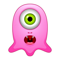 Cute little pink cartoon monster on white background