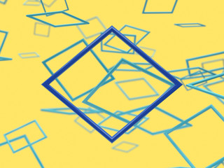 blue geometric shape blank frame and group blur background levitation yellow scene 3d rendering