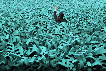 Big data concept, businessman was overwhelmed by huge amount of 3d green letters and numbers background.