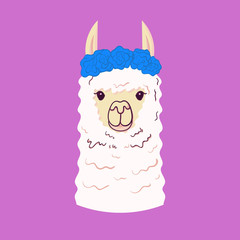 Naklejka premium Cute Llama with flowers on the head. Print for fabric, t-shirt, poster. Vector illustration