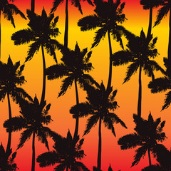 Palm trees seamless pattern on sunset background. Print for fabric, wallpaper or giftwrap. Vector illustration