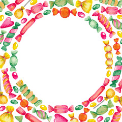 Frame Watercolor illustration set of sweets candy hand-painted. Bright colored elements on white isolated background.