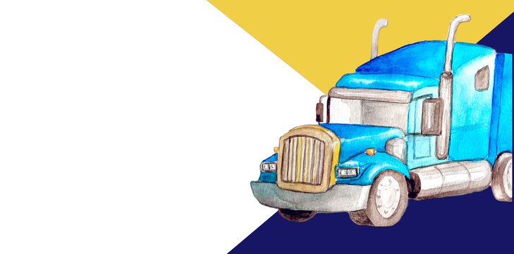 Template business card watercolor blue front  semi-trailer truck as a tractor unit and  semi-trailer to carry freight in white background isolated with copy space