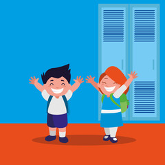 happy little school kids in the school corridor