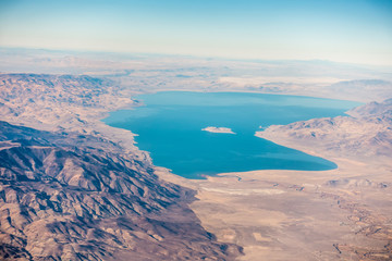 aerial view from plane of pyramid lake over nevada