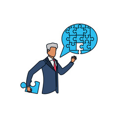 businessman with puzzle pieces in shape speech bubble