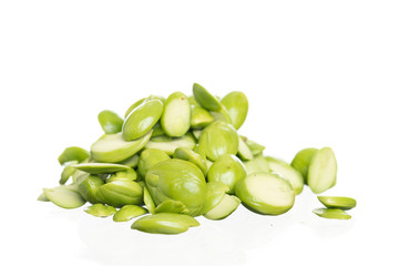 Parkia speciosa seeds or bitter bean isolated on white