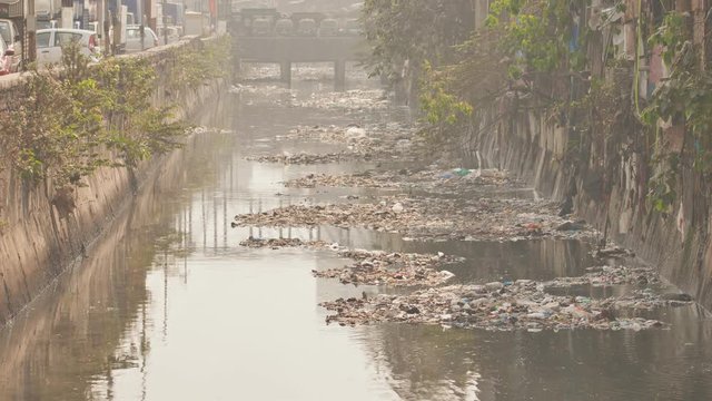 Dirty river in Dharavi slums. Mumbai. India.
