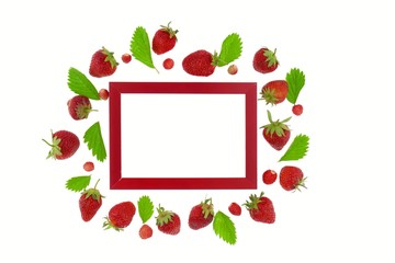 Summer berries.Berry frame. Strawberry and  Red rectangular frame isolated on white background.Berry strawberry season.top view, copy space