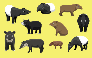 Various Breeds of Tapir Poses Cartoon Cute Vector