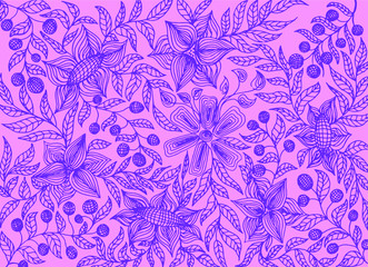 Hand drawn purple flowers and berries tracery on violet background. Floral pattern vector illustration