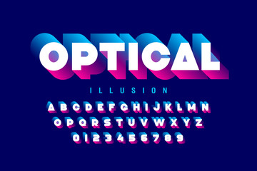 Optical illusion style font design, alphabet letters and numbers