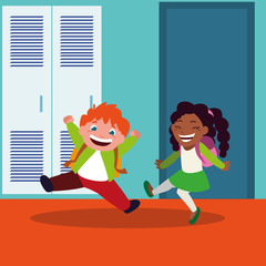 happy little interracial school kids in the school corridor