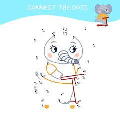Educational game for kids. Dot to dot game for children. Cartoon elephant on a scooter.