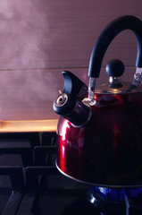 The kettle boils on the stove. Steam comes from the spout.