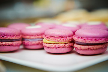Pink macaroons on plate
