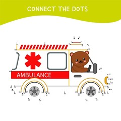 Educational game for kids. Dot to dot game for children. Cartoon bear in the ambulance.