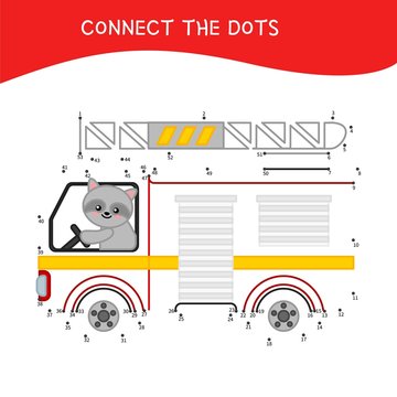 Educational game for kids. Dot to dot game for children. Cartoon raccoon in a fire truck.