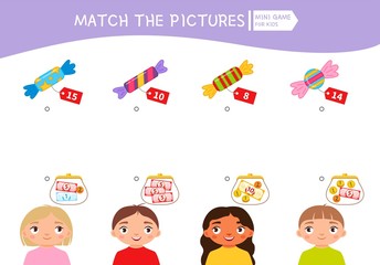 Obraz premium Matching children educational game. Count the money in the children's wallets and find a purchase. Vector illustration of cute children.