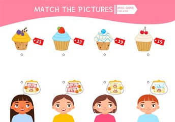 Matching children educational game. Count the money in the children's wallets and find a purchase. Vector illustration of cute children.