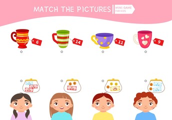 Matching children educational game. Count the money in the children's wallets and find a purchase. Vector illustration of cute children.