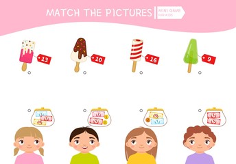 Matching children educational game. Count the money in the children's wallets and find a purchase. Vector illustration of cute children.