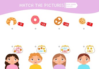 Matching children educational game. Count the money in the children's wallets and find a purchase. Vector illustration of cute children.