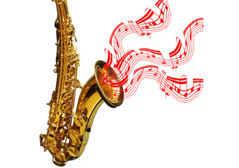 Gold saxophone, from which red notes fly out. Isolated on white