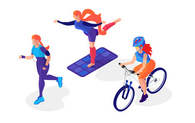 Different tipes of sports. Running, cycling and yoga. Young women do activities. Isometric flat 3d illustrations on a white background