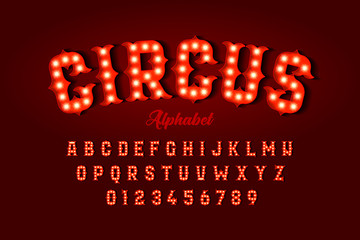 Circus style font design, alphabet letters and numbers