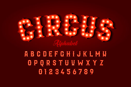 Circus style font design, alphabet letters and numbers