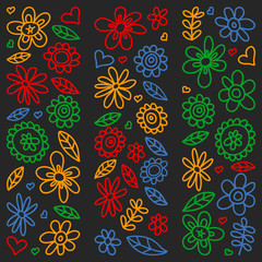 Fototapeta na wymiar Vector set of child drawing flowers icons in doodle style. Painted, colorful, gradient pictures on a piece of paper on blackboard.