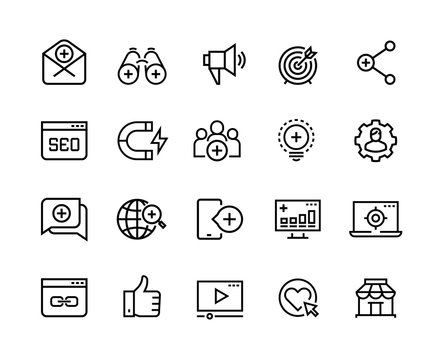 Inbound marketing line icons. Lead social media, action marketing influence and target audience attraction. Marketing vector symbols set