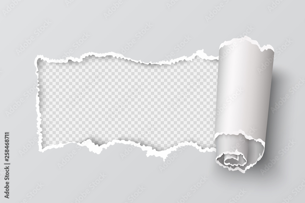 Poster torn paper edge. realistic transparent header hole, white page ripped grunge texture, destroyed card