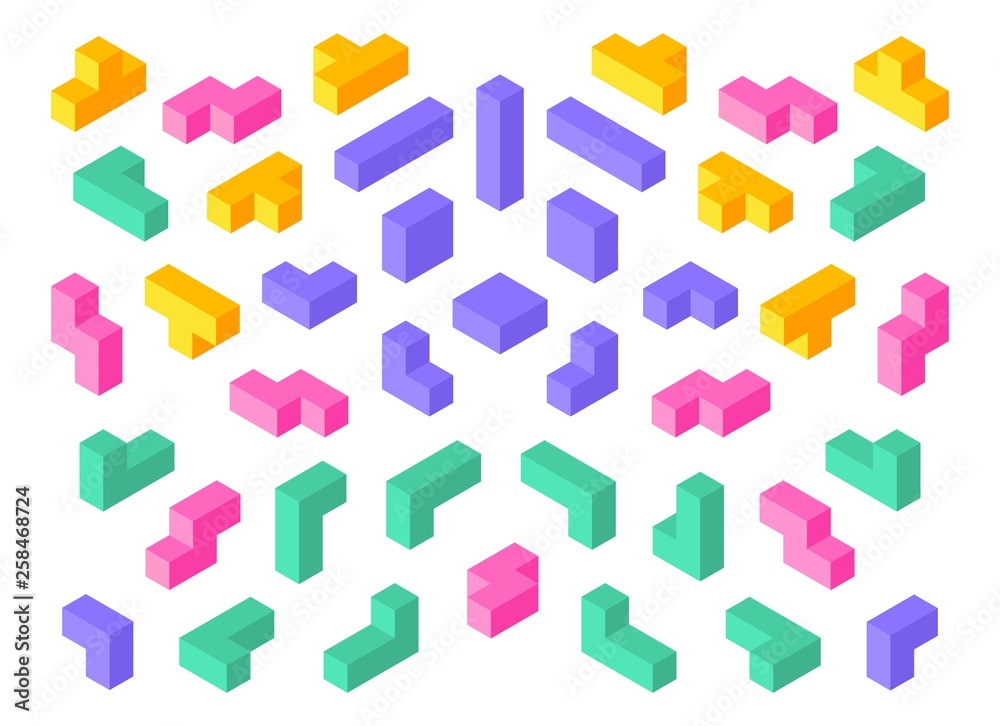 Poster Tetris shapes. Isometric 3D puzzle game elements colorful cube abstract blocks. Vector isometric tetris design objects set